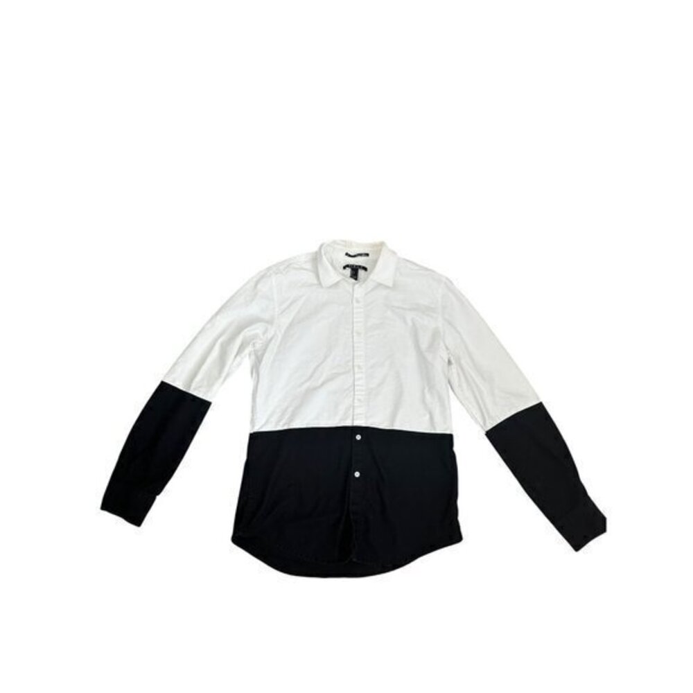 men’s White & Black Colorblock Button-Up Long Sleeve Shirt Top Size S